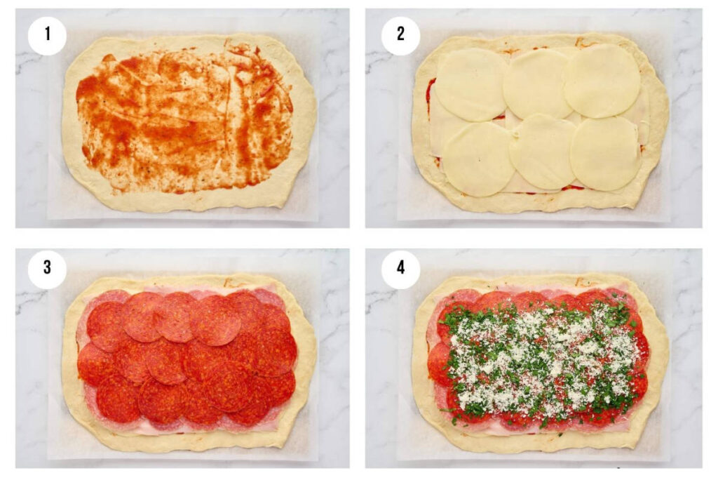 Four-step process collage showing sauce, cheese, pepperoni, and herbs layered on stromboli dough.