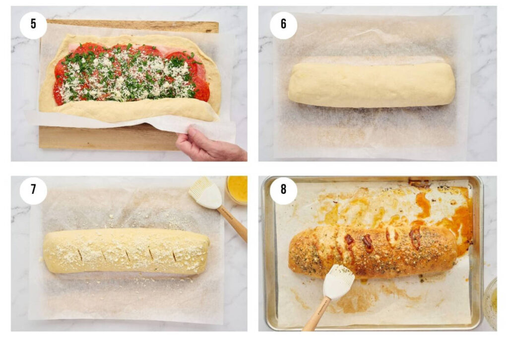 Four-step process collage showing stromboli being rolled, rested, vented, and baked.