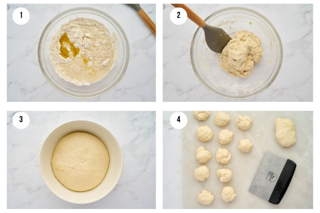 Step-by-step collage showing how to make garlic knot dough and shape the knots.