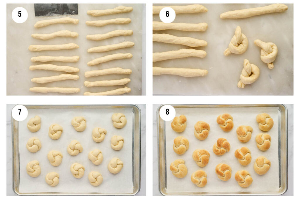 Step-by-step collage showing how to roll, tie, rise, and bake garlic twists.