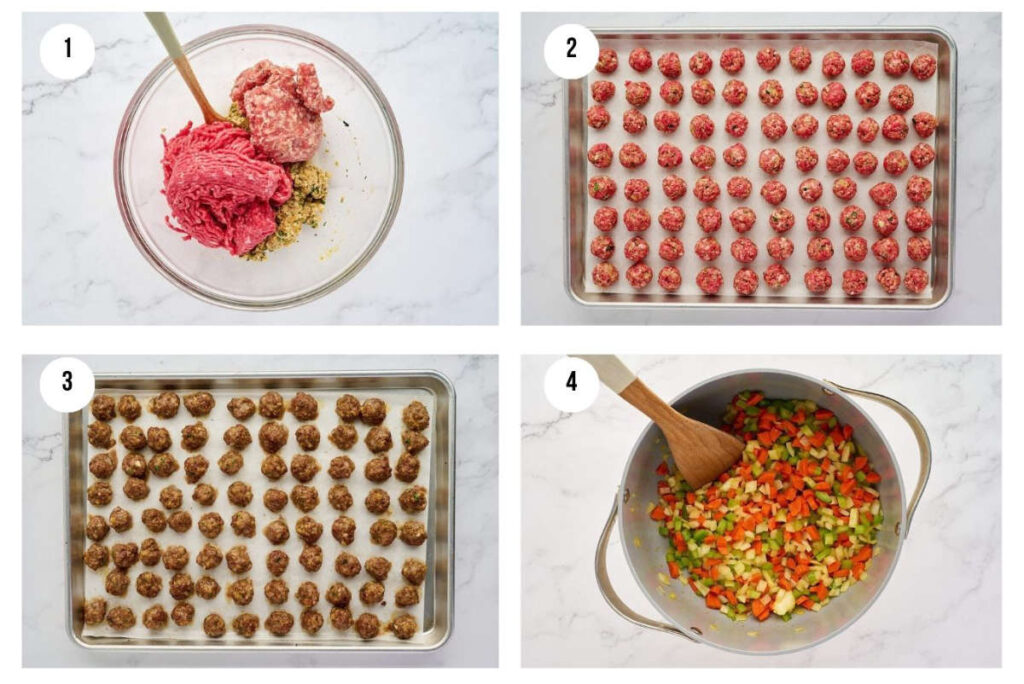 Step-by-step collage showing Italian wedding soup meatball preparation and the soup cooking in a pot.