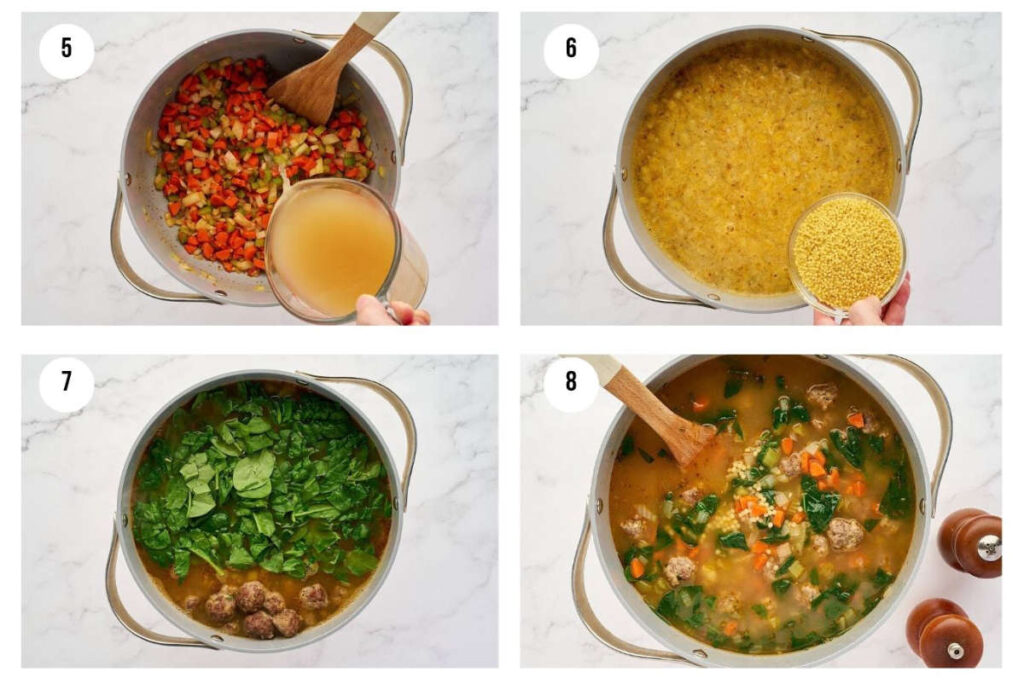 Process collage showing the ingredients, meatballs, sautéed vegetables, and finished Italian wedding soup.