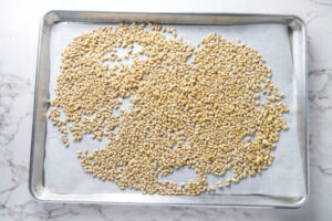 Pine nuts on a sheet pan ready to be toasted.