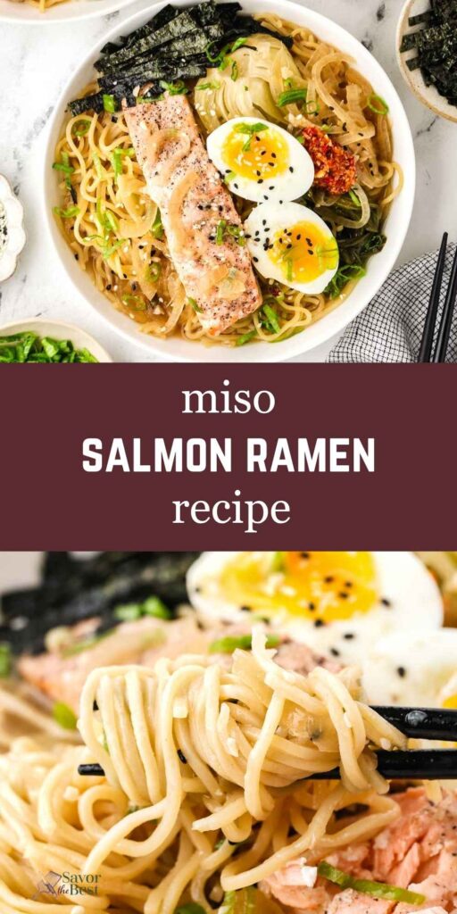 Pinterest-style image of miso salmon ramen with noodles, roasted salmon, soft-boiled eggs, and nori.