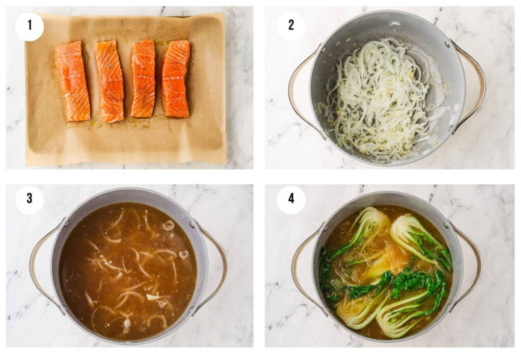 Step-by-step collage showing salmon fillets, sautéed onions, miso broth, and bok choy for miso salmon ramen.