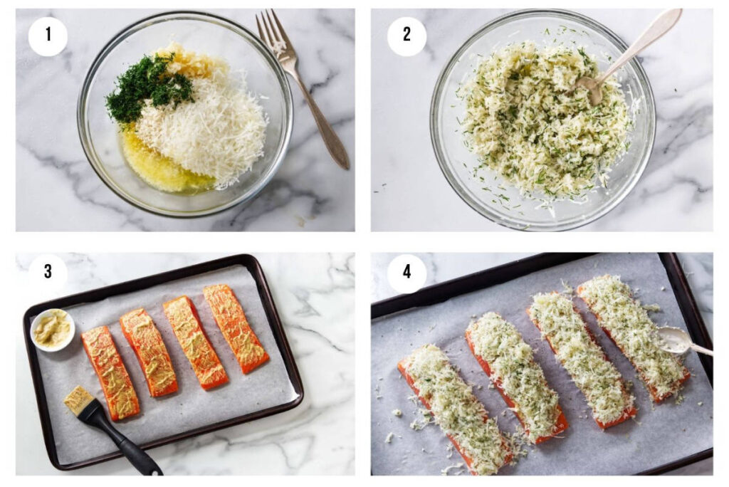 Ingredients for garlic parmesan crusted salmon in a bowl, including panko, Parmesan, dill, garlic, and melted butter.