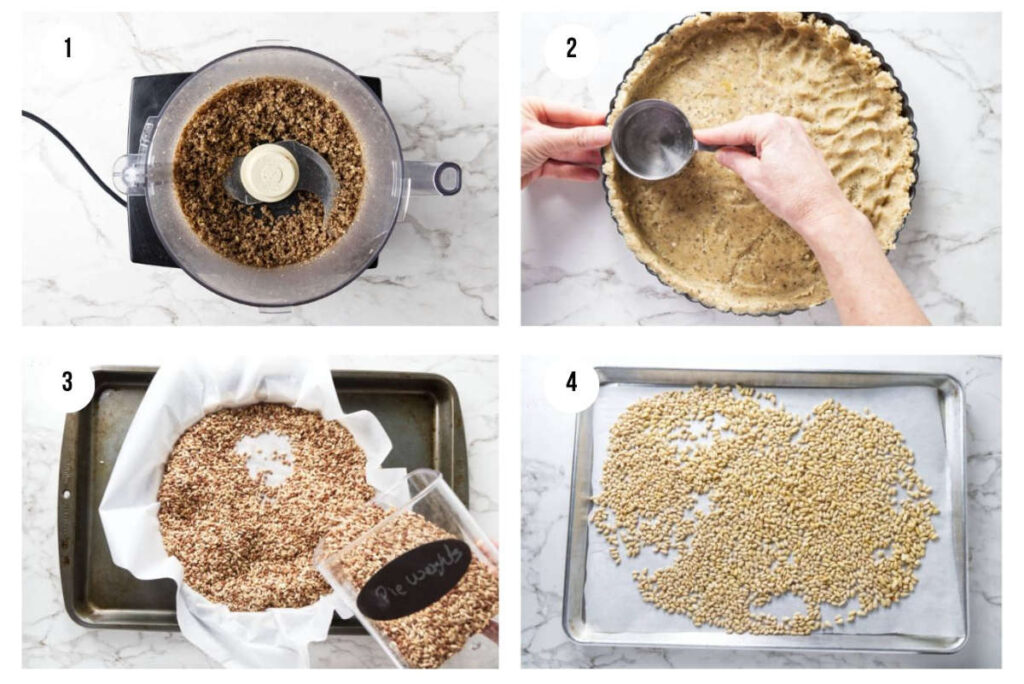 Collage of four steps for making a pie crust.