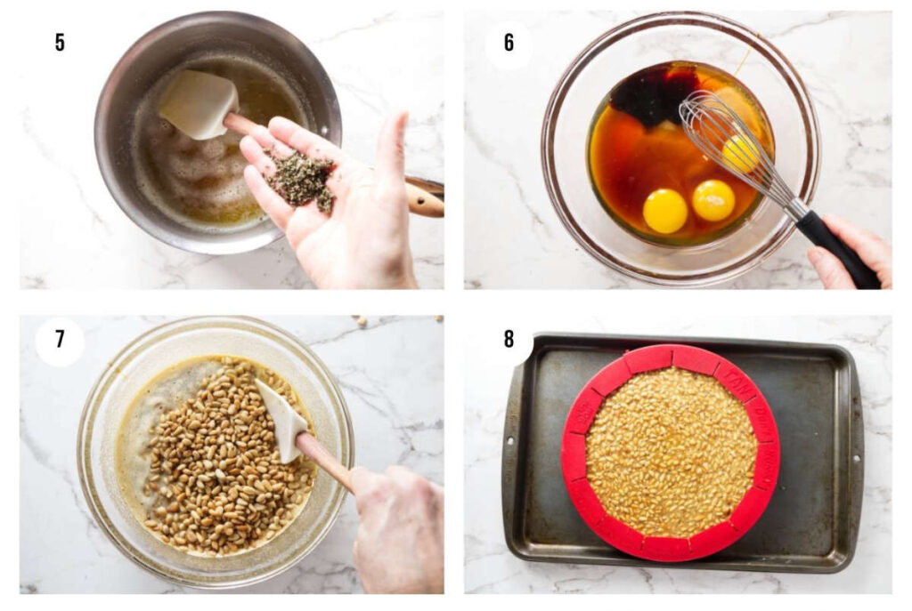 Four-step recipe: butter melted, eggs whisked, pine nuts mixed, batter poured.