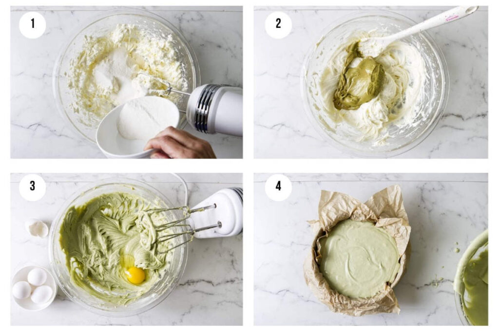 Four-step process collage for making pistachio Basque cheesecake batter.