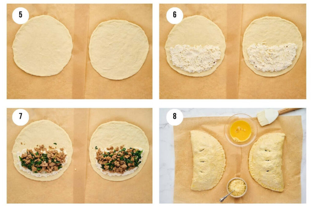 Four-step process collage showing ricotta filling, assembled calzones, and egg wash preparation.