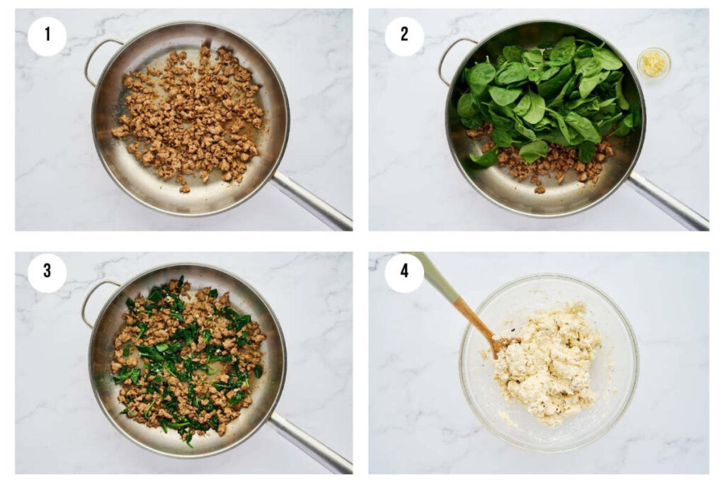 Four-step process collage showing sausage and spinach filling being prepared for calzones.