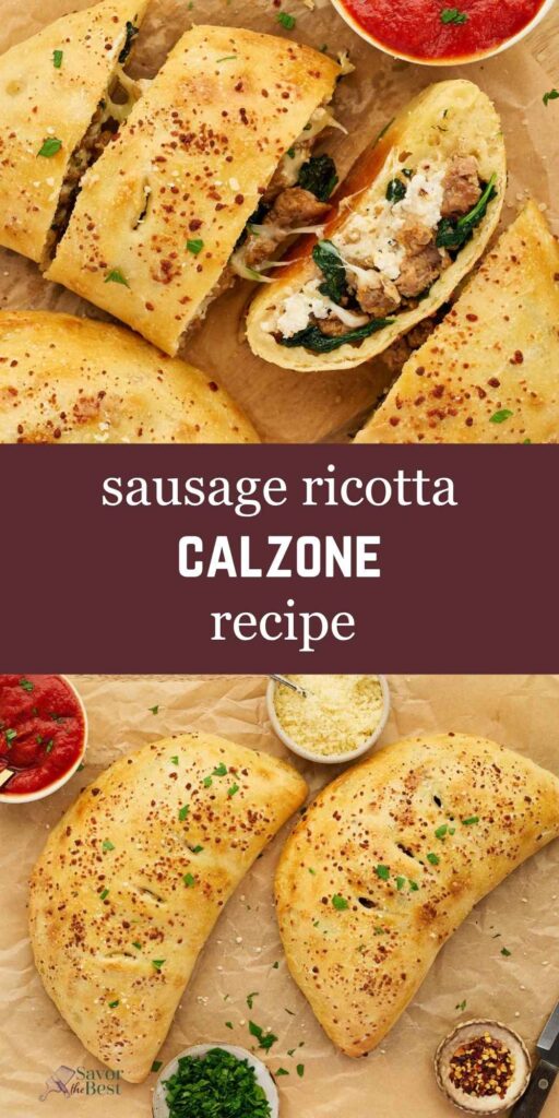 Recipe graphic featuring baked sausage ricotta calzones with the words sausage ricotta calzone recipe.