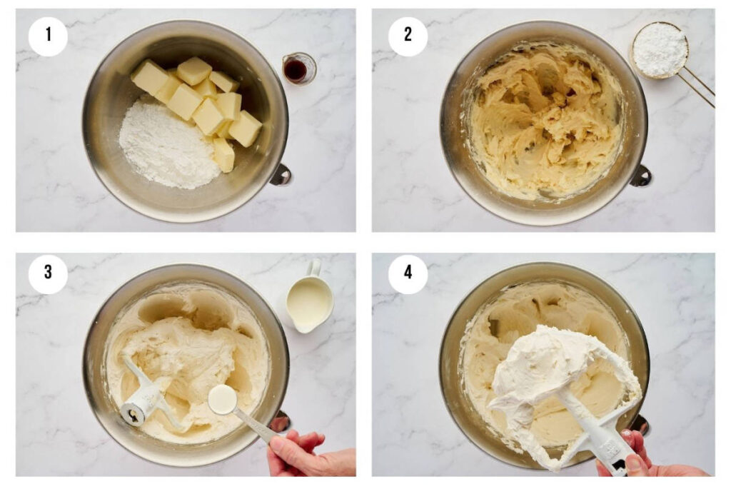 Four panels illustrating the steps for mixing frosting ingredients.