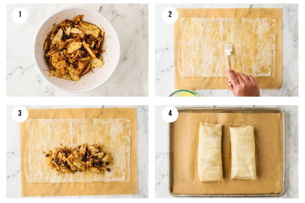 Four-step collage showing the preparation of apple-filled phyllo pastries.