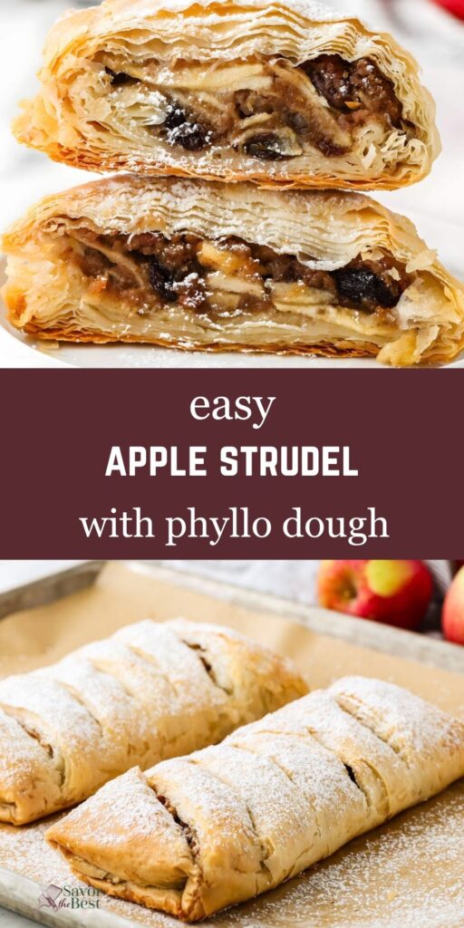 Two apple strudels dusted with powdered sugar on a baking sheet.