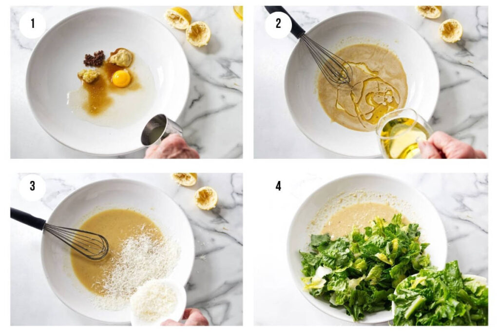 Four-step process for making and tossing salad dressing with lettuce.