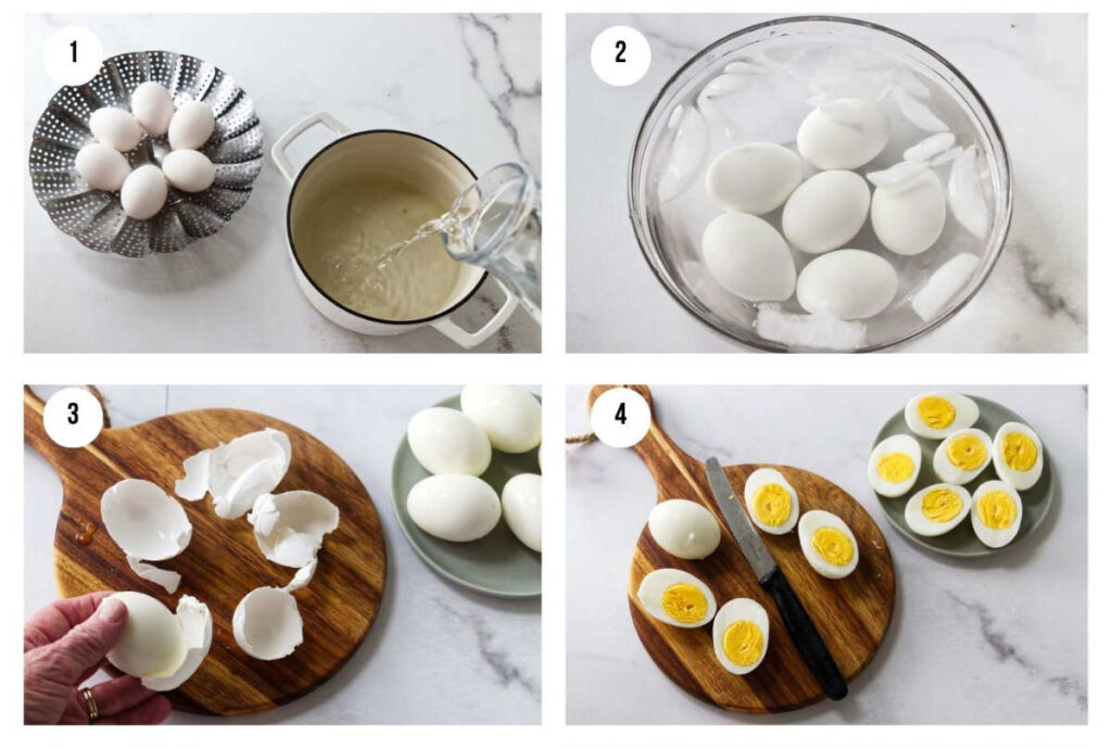Four-step grid showing eggs being boiled, iced, peeled, and halved.