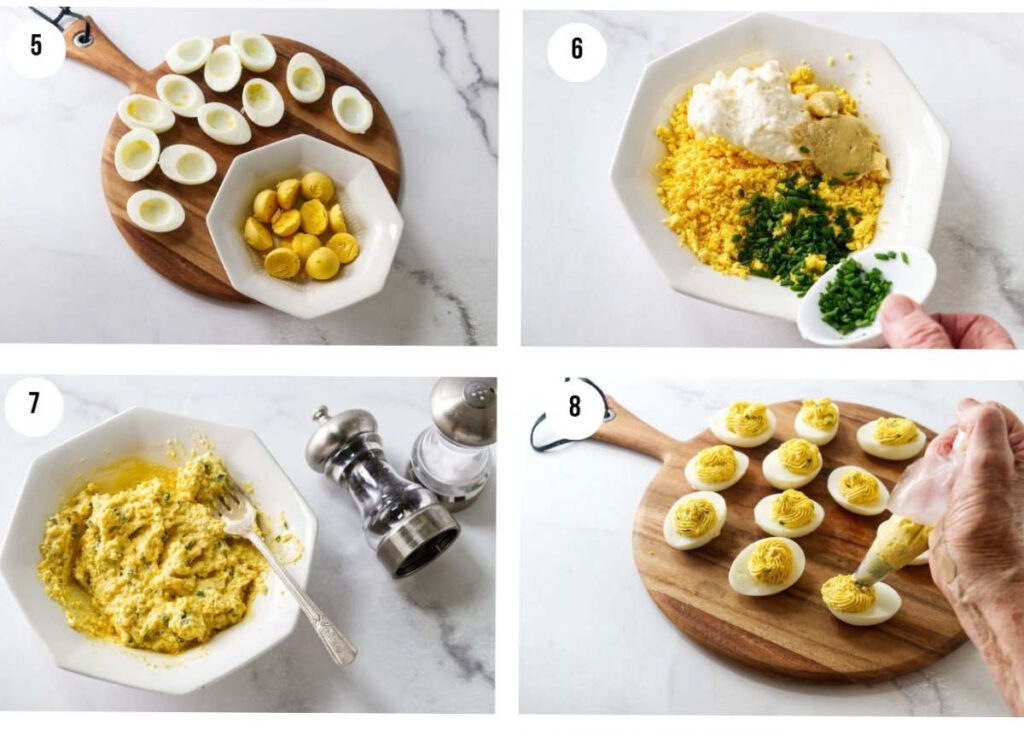 Four-step process for preparing, mixing, and piping deviled eggs.