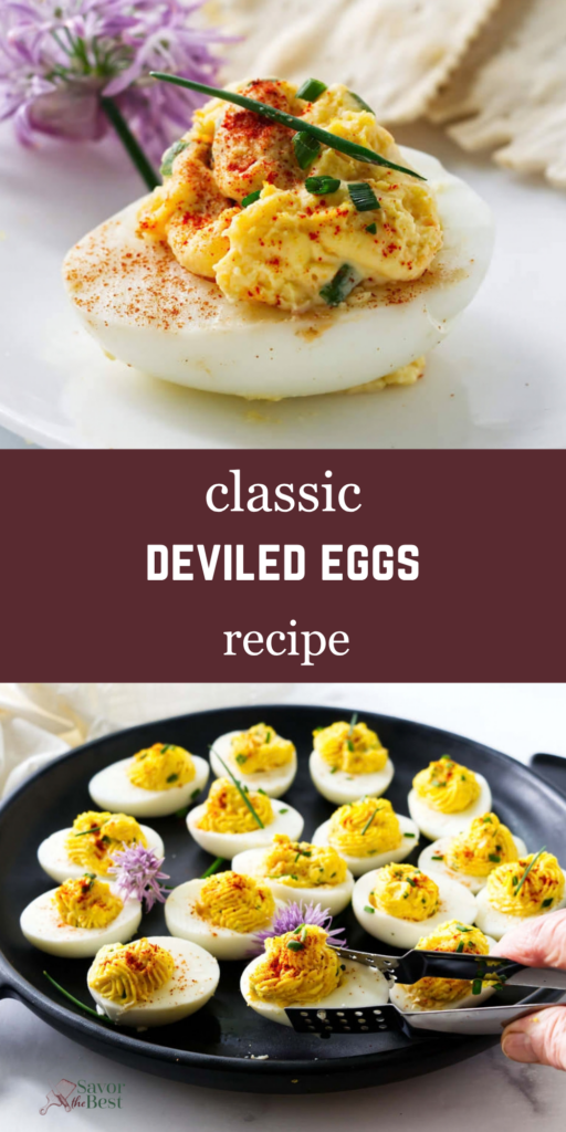 Deviled eggs on a platter garnished with chives and edible flowers.