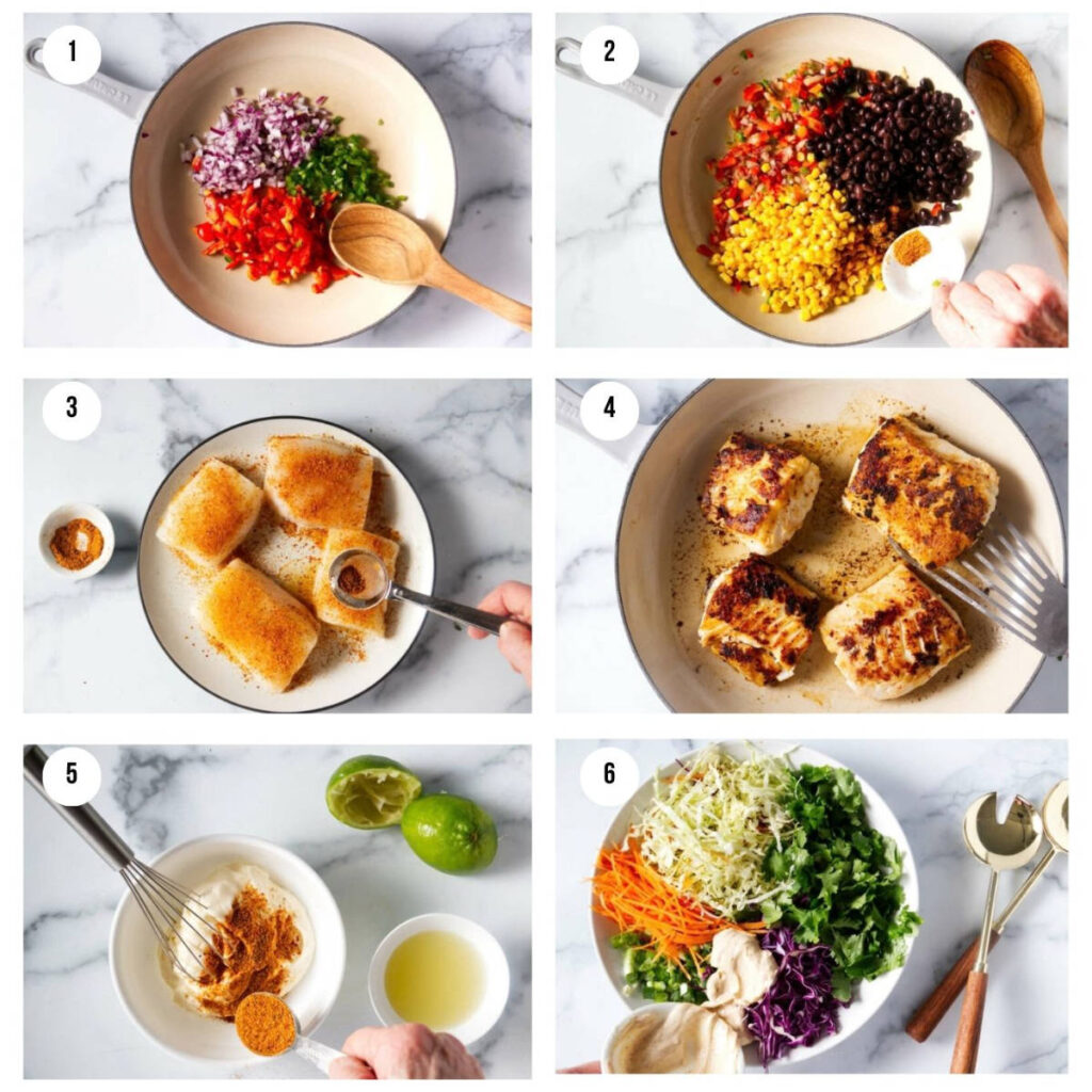 Six-step tutorial showing the process of cooking fish tacos in a pan.