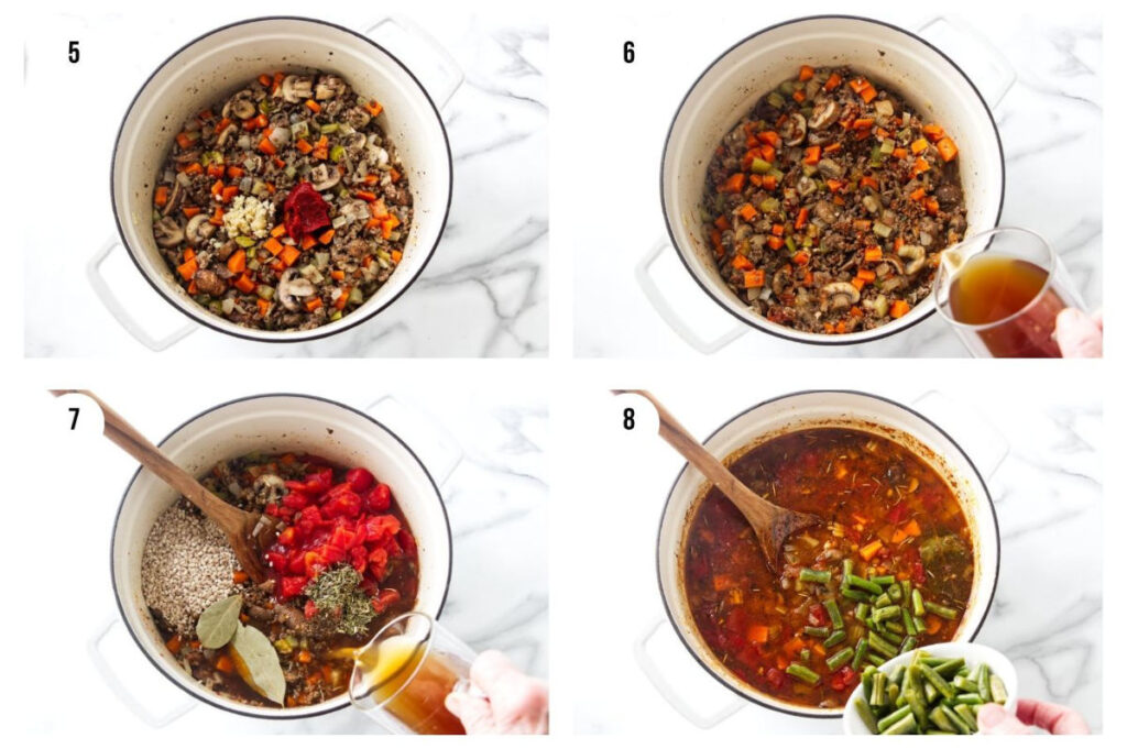 Four-panel sequence showing the preparation of vegetable soup in a pot.