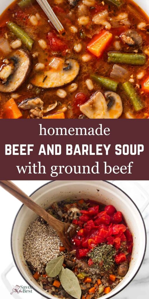 Beef and barley soup in a pot with raw ingredients and bowl.