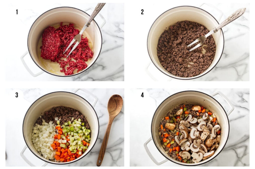 Four steps showing raw beef, cooked beef, vegetables, and mushrooms.