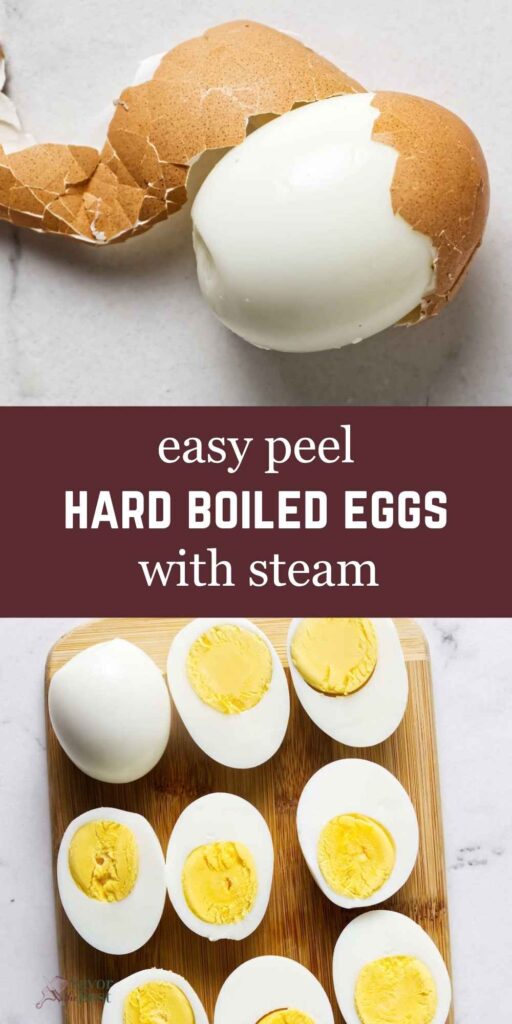 Peeled hard-boiled egg above halved eggs on wood.