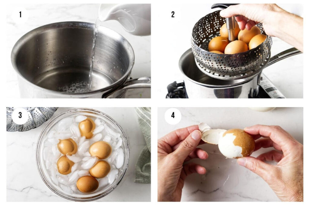 Four numbered steps illustrating boiling and peeling eggs.